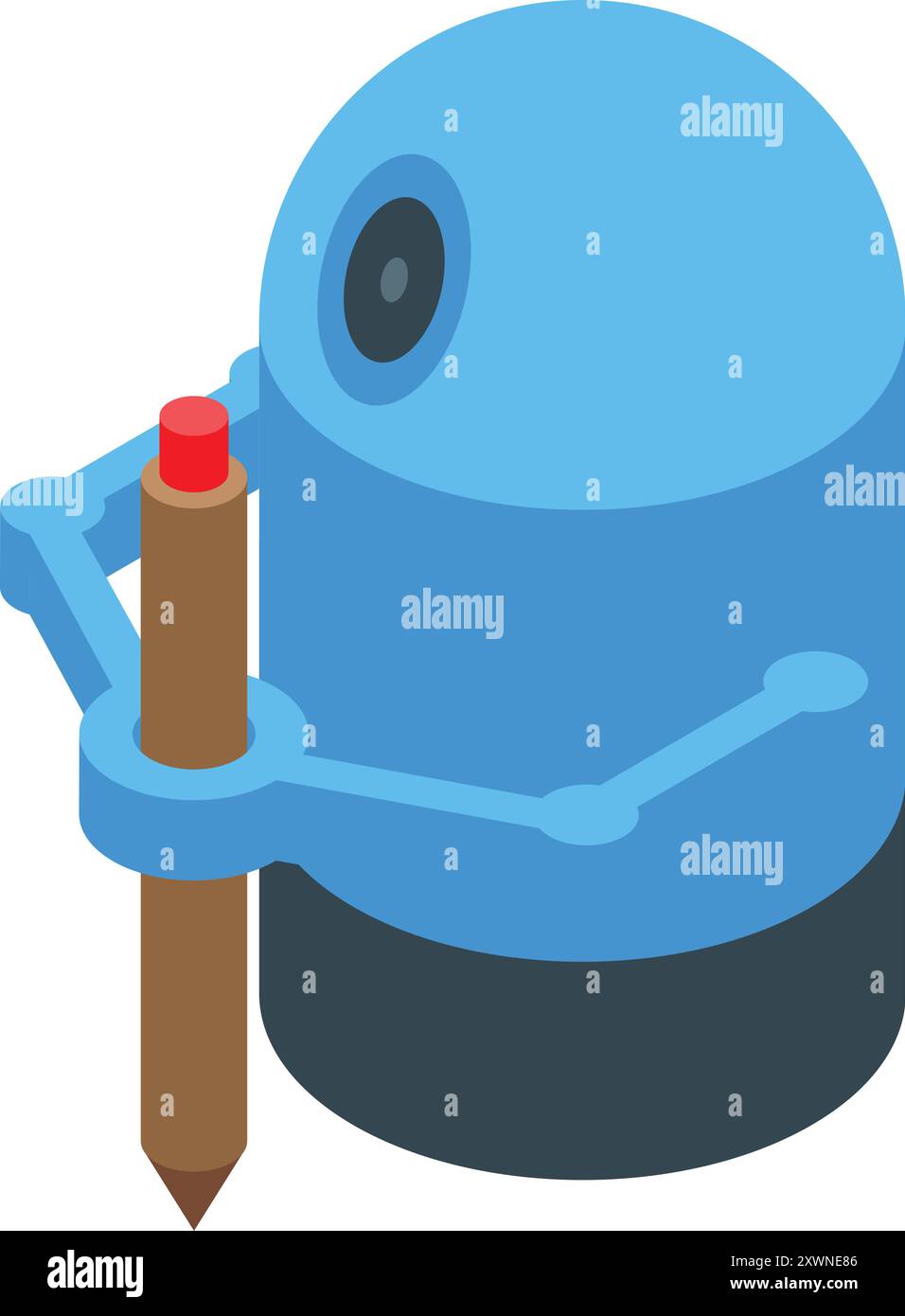 Blue robot is holding a pencil, symbolizing artificial intelligence in creative fields Stock Vector