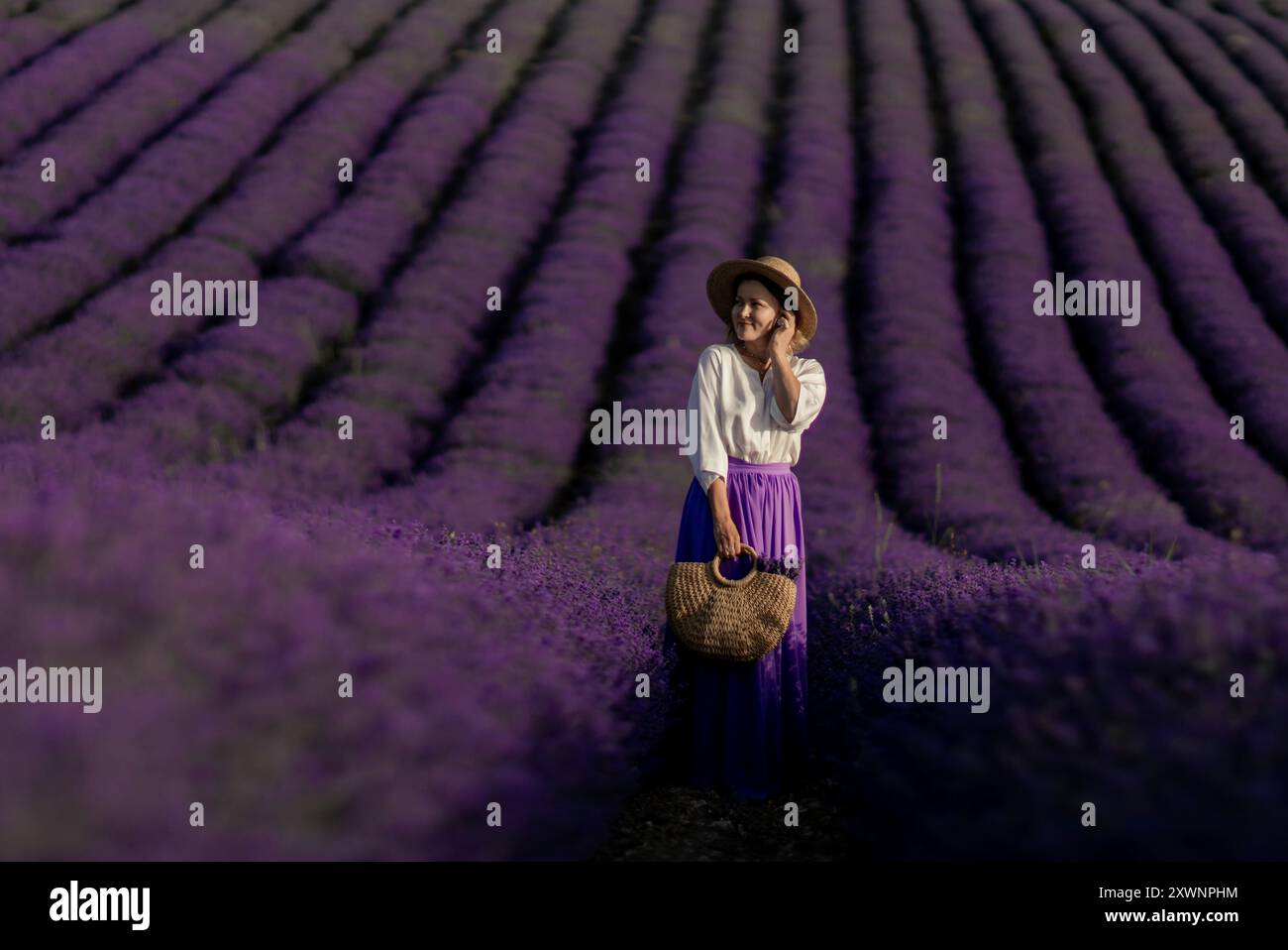 A woman stands in a field of lavender flowers, wearing a straw hat ...