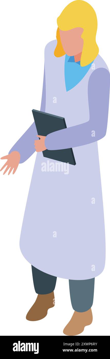 Female scientist is holding a clipboard and gesturing while making a presentation Stock Vector