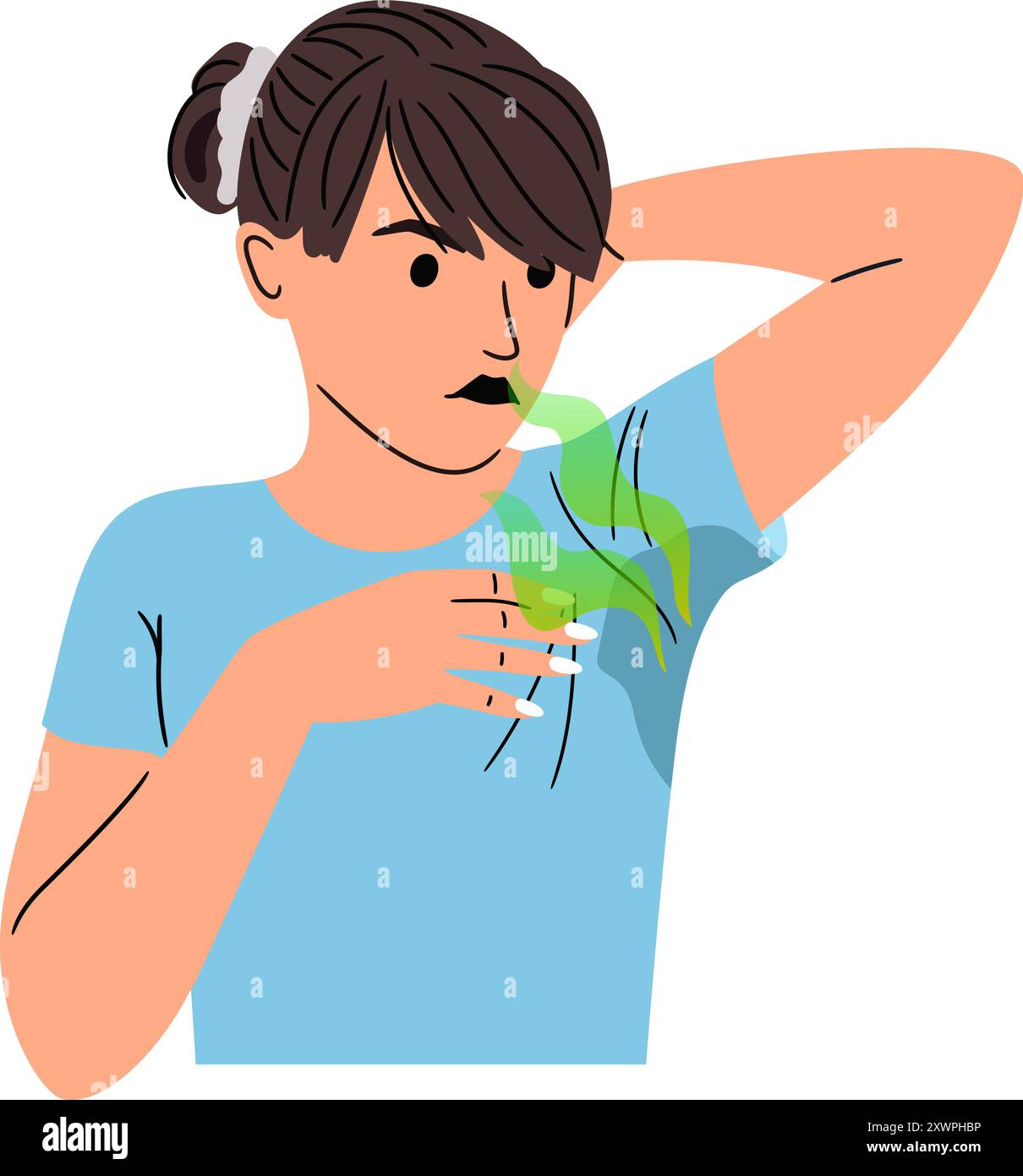 Traces of sweat on clothes. Embarrassment with unwashed armpits. A woman sniffs a stinky smell. Green smoke for unpleasant aromas authors work Stock Vector