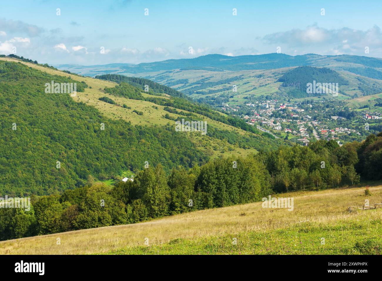 mountain meadow in morning light. countryside autumn landscape with valley behind the forest on the grassy hill. fluffy clouds on a bright blue sky. v Stock Photo