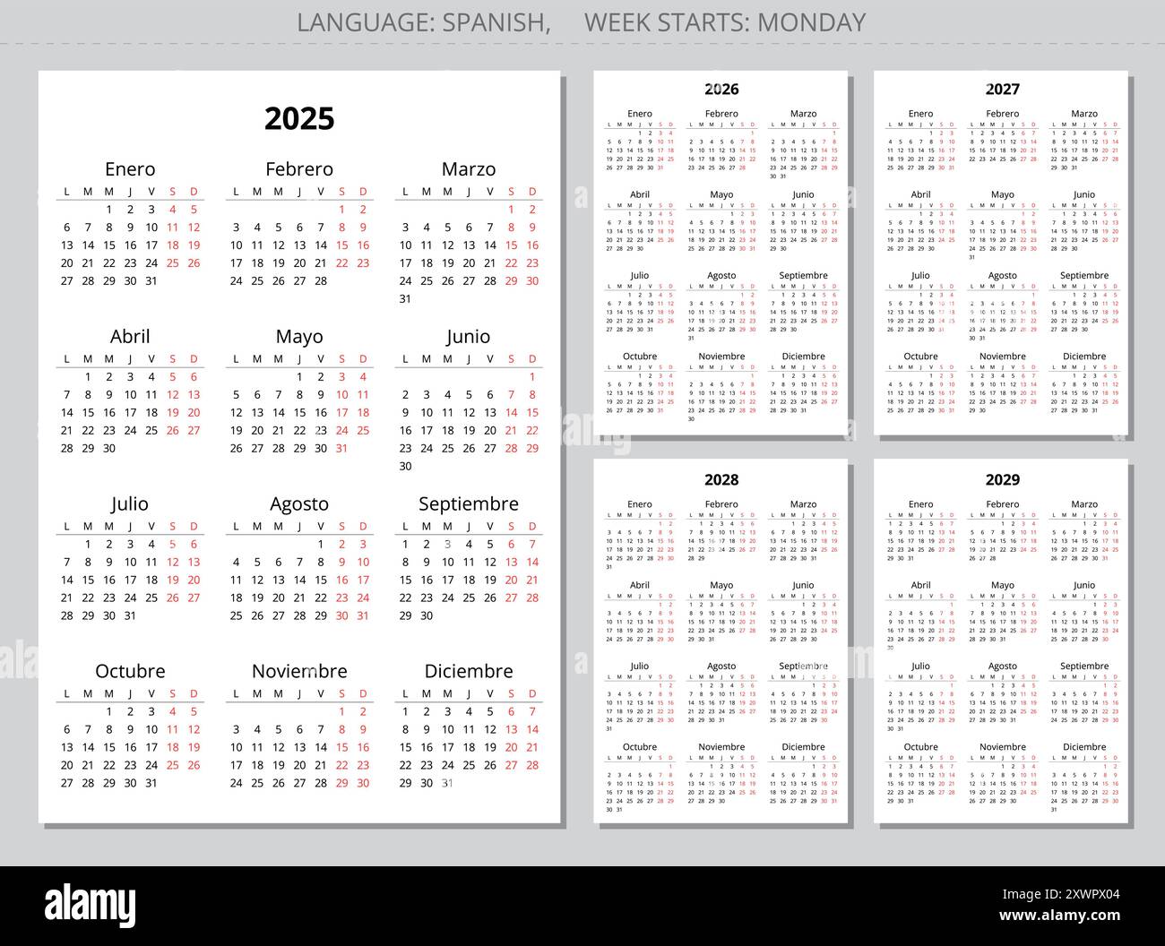 2025-2026-2027-2028-2029-vertical-spanish-year-calendars-printable-vector-illustration-set-for-spain-stock-vector-image-art-alamy