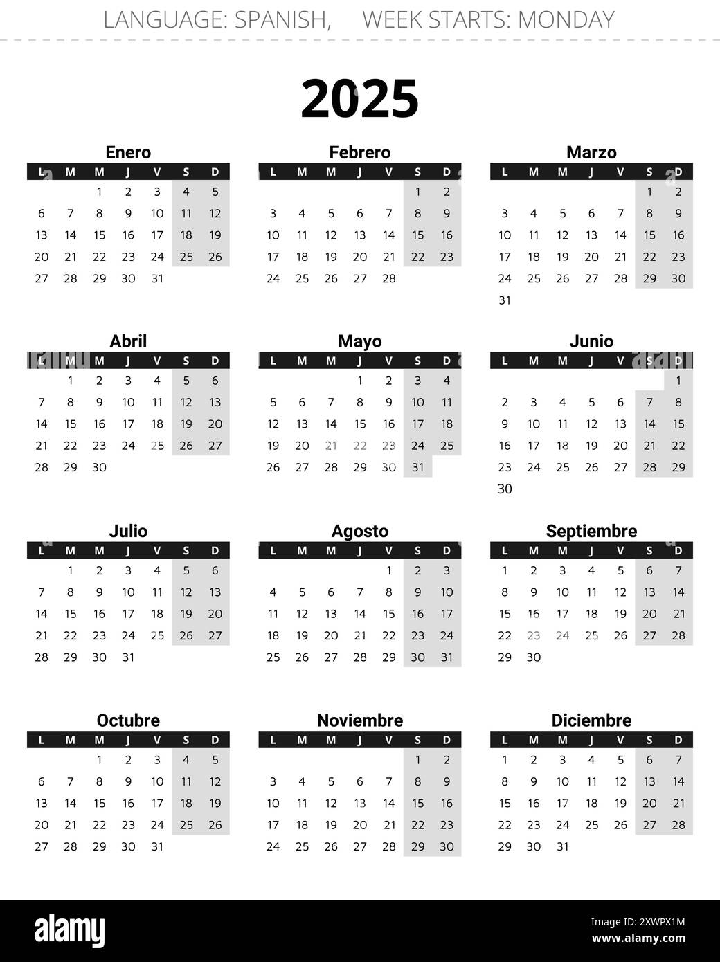 2025-year-vertical-spanish-calendar-printable-vector-grey-and-black-illustration-for-spain-stock-vector-image-art-alamy