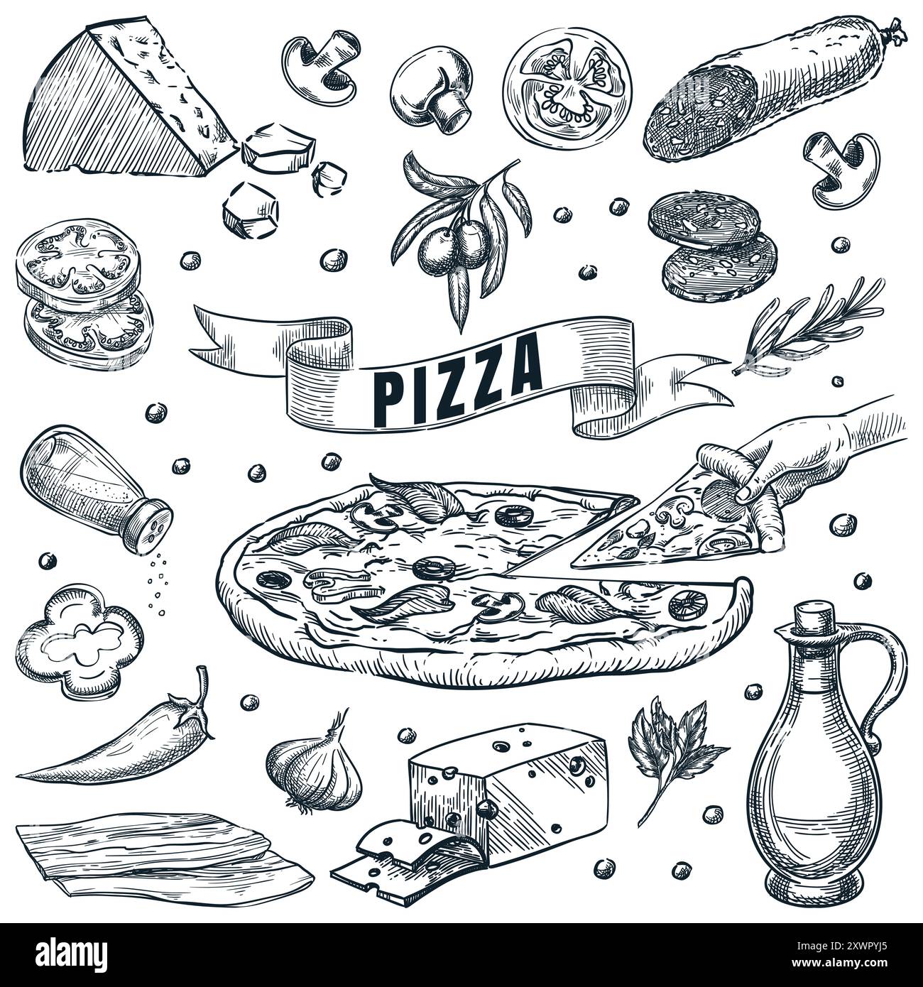 Italian pizza and ingredients set, isolated on white background. Hand drawn vector sketch illustration. Cooking recipes or pizzeria menu design elemen Stock Vector