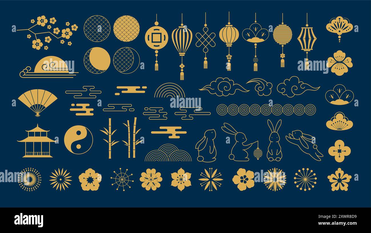 Chinese mid autumn festival ornaments. Traditional Asian lanterns ...