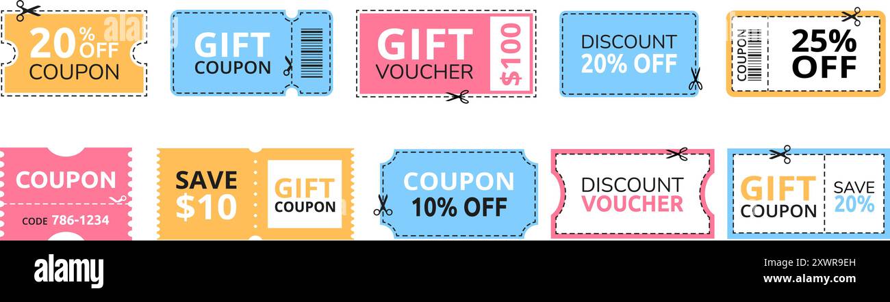 Discount offer coupon. Gift voucher or sale ticket template with cutting dashed lines and scissors icon. Shopping savings promotion coupons vector set Stock Vector