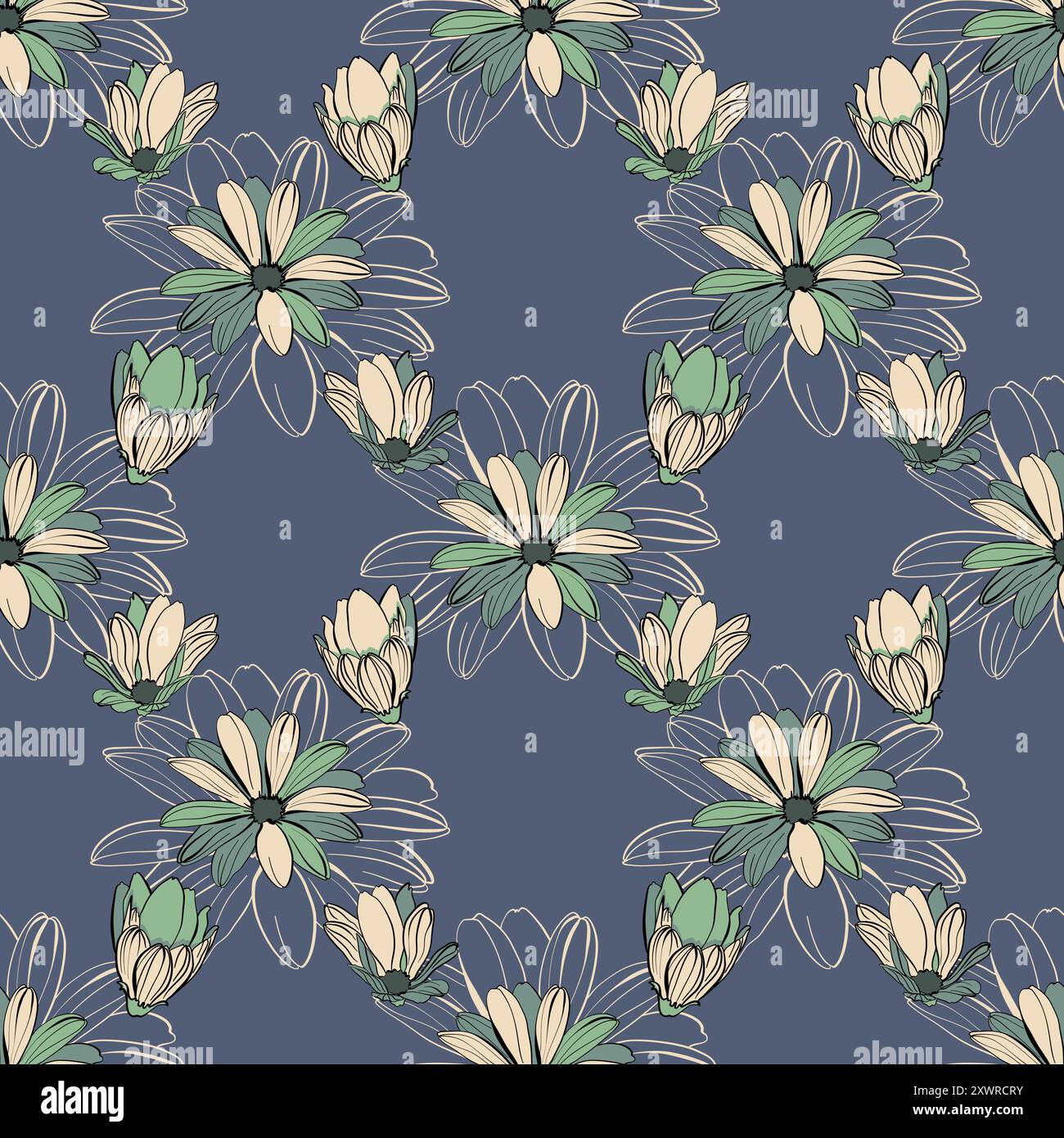 Seamless floral pattern with beige and green flowers on a grey ...