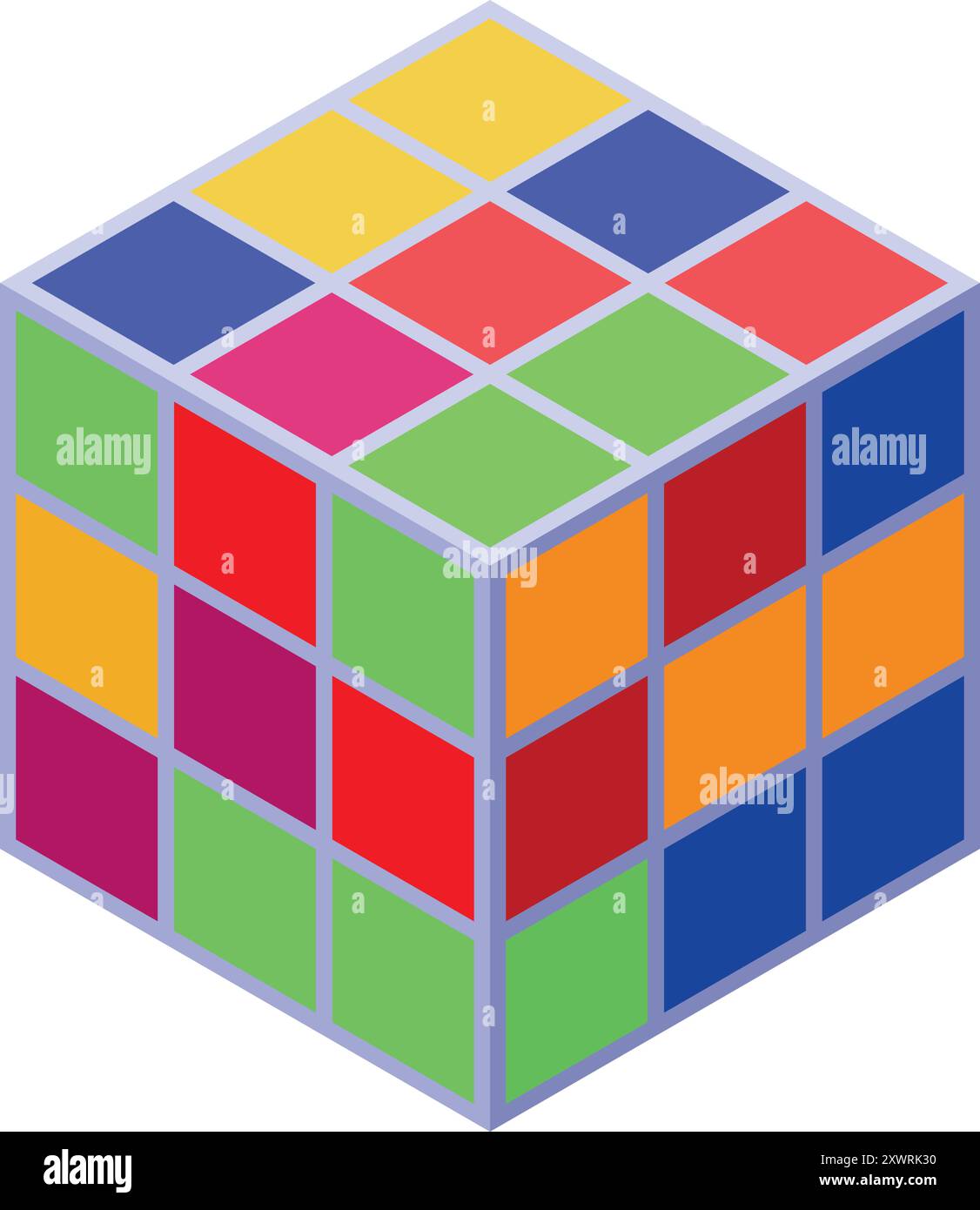Multicolored cube puzzle with many squares is isolated on white background Stock Vector