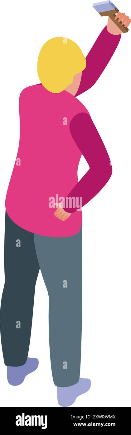 Painter is using a paint brush on a wall in this isometric view Stock Vector