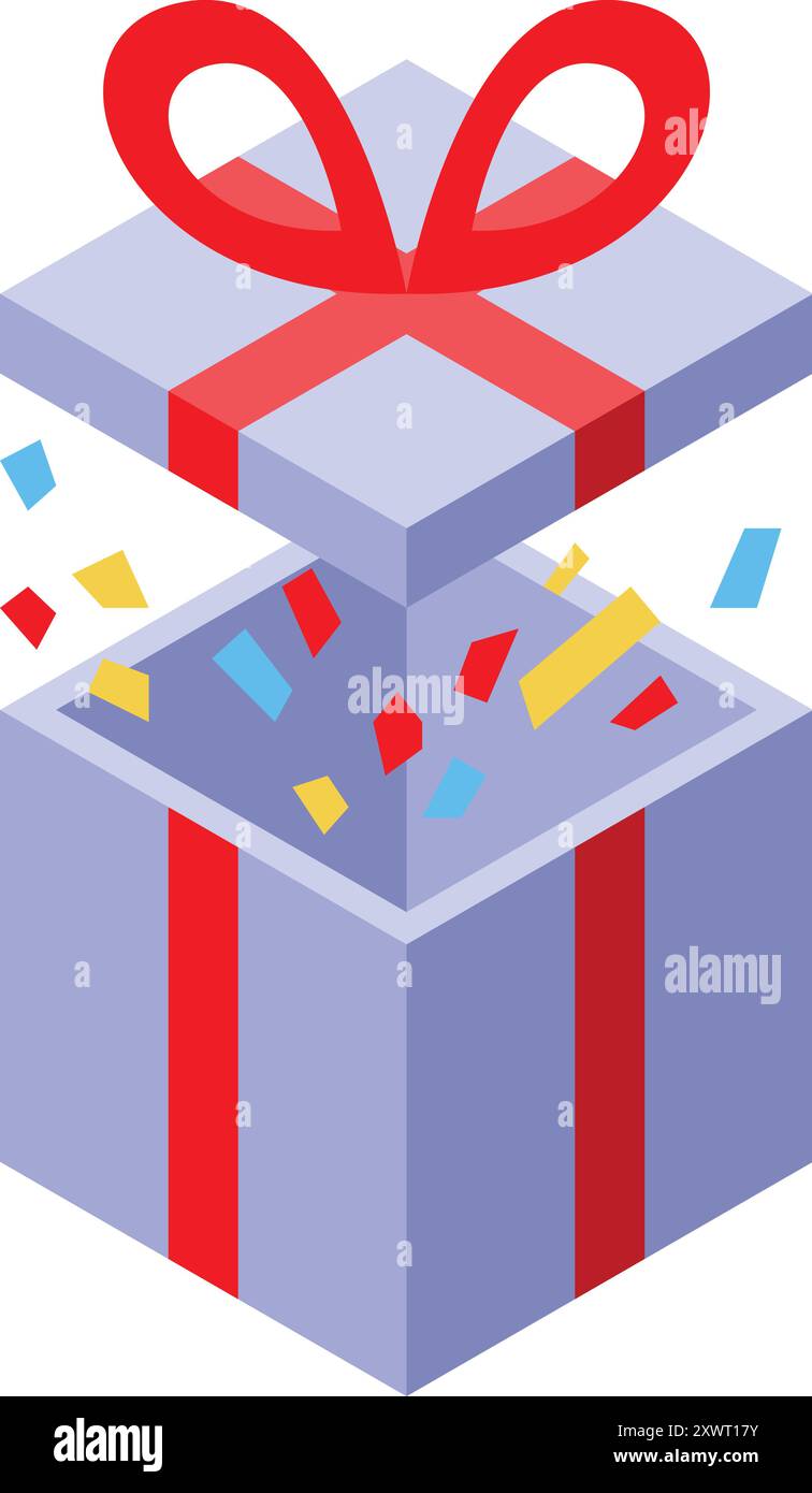 Open gift box with falling confetti exploding from inside in isometric view Stock Vector