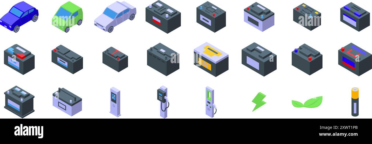Electricity car accumulator icons set. Car battery accumulator power ...