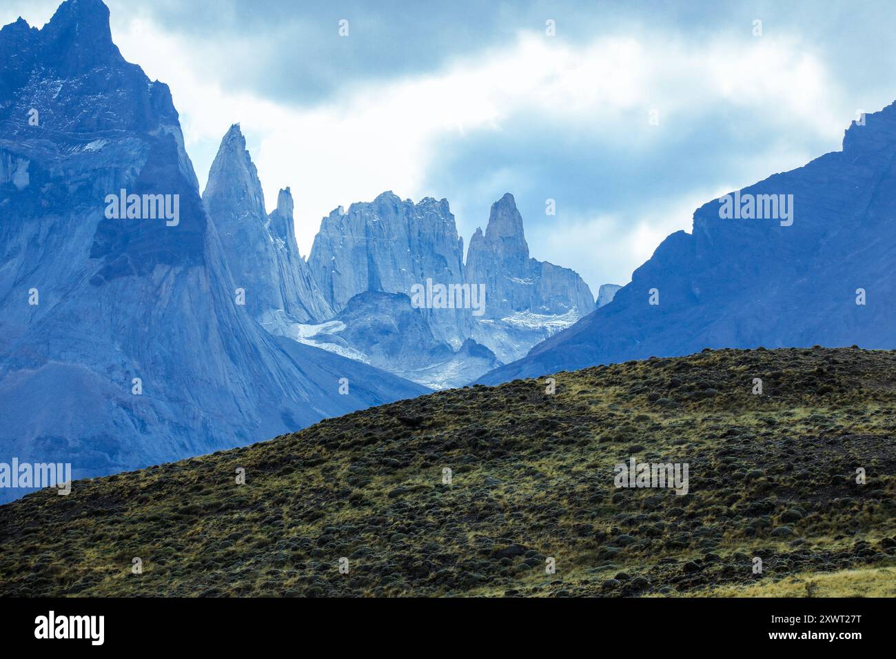 View to the Mountain Peaks in Torres Del Paine National Park, Patagonia, Chile Stock Photo