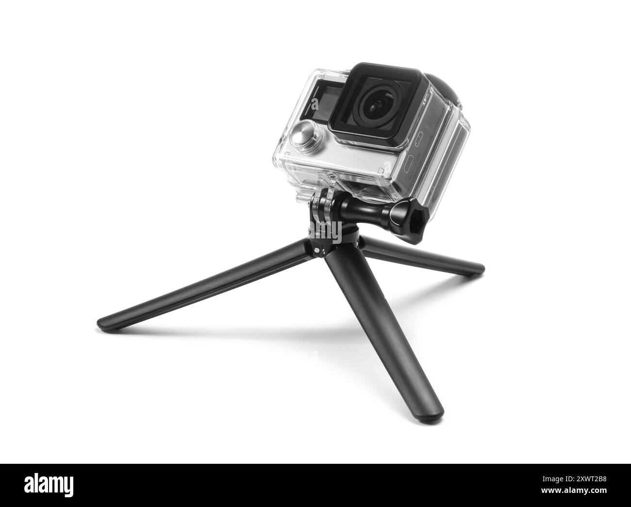 Modern action camera and tripod isolated on white Stock Photo - Alamy