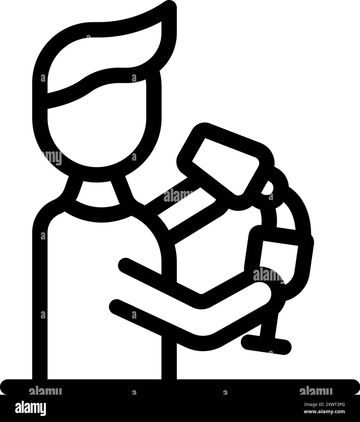 Young man using a modern robotic arm for rehabilitation Stock Vector