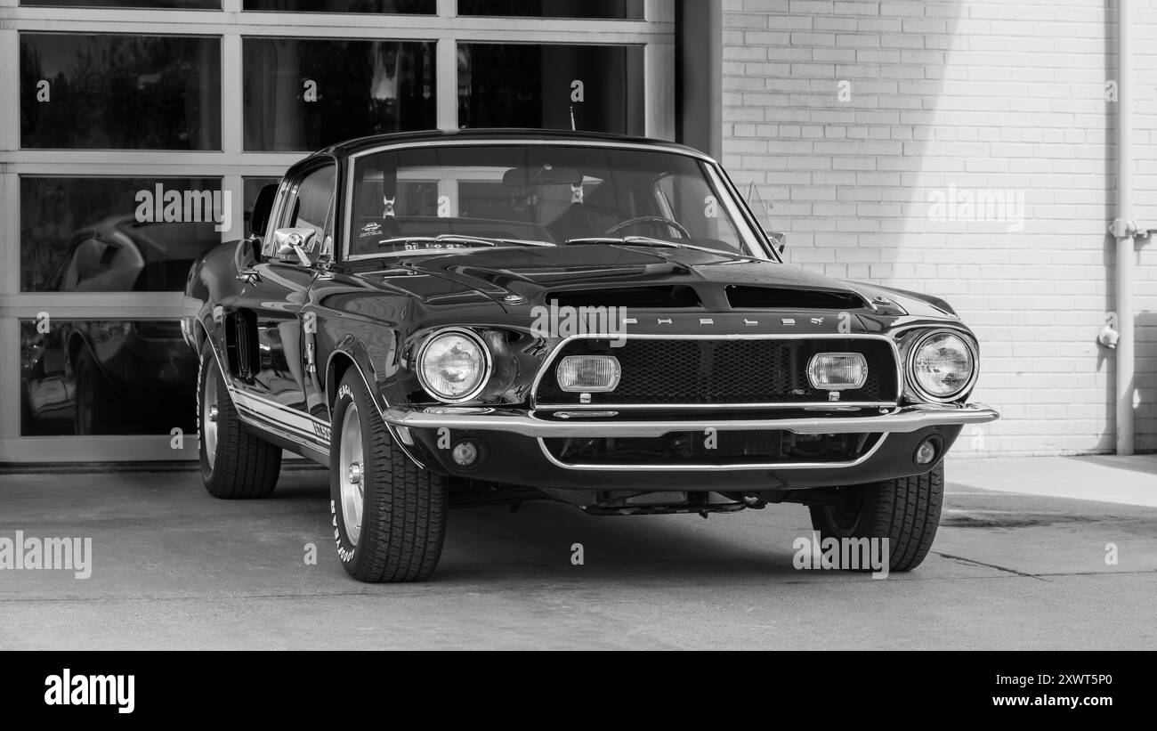 ROYAL OAK, MI/USA - AUGUST 16, 2024: 'Bad to the Bone', A 1968 Ford Mustang Shelby Cobra GT350 car, Ford exhibit, Woodward Dream Cruise, near Detroit. Stock Photo