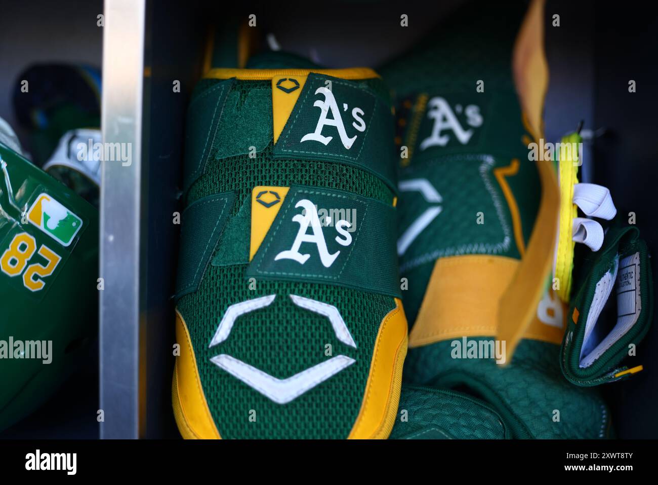 Oakland A’s players gear in the batting rack before the baseball game ...