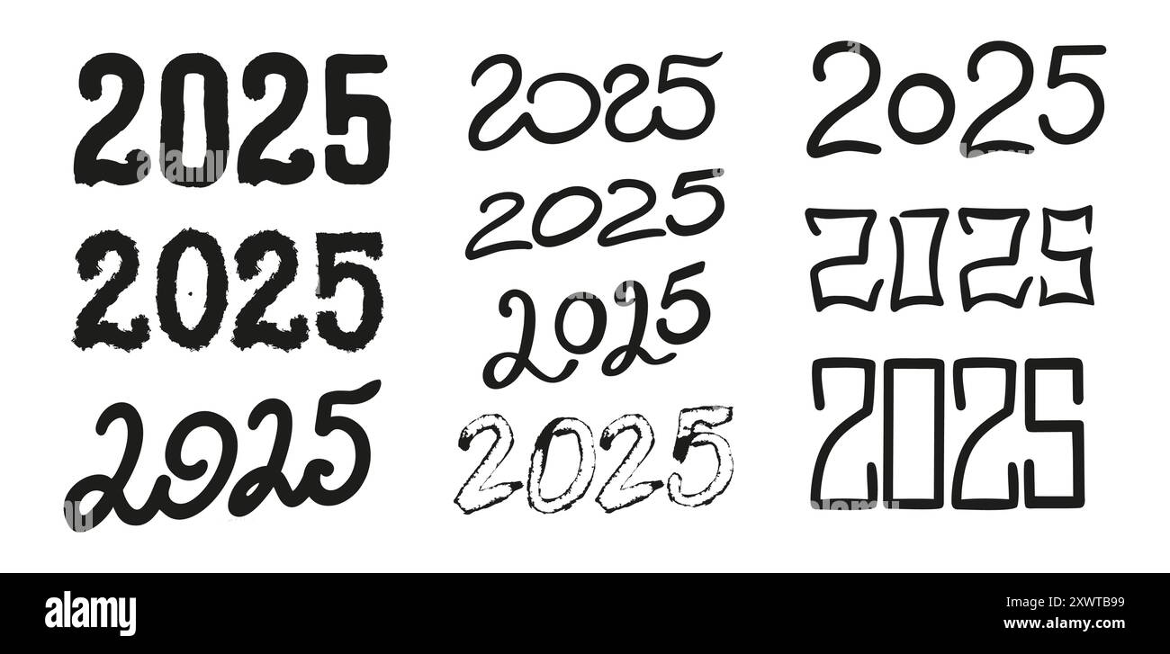 Vector set of illustration 2025 year black horizontal handwriting font. Illustration with