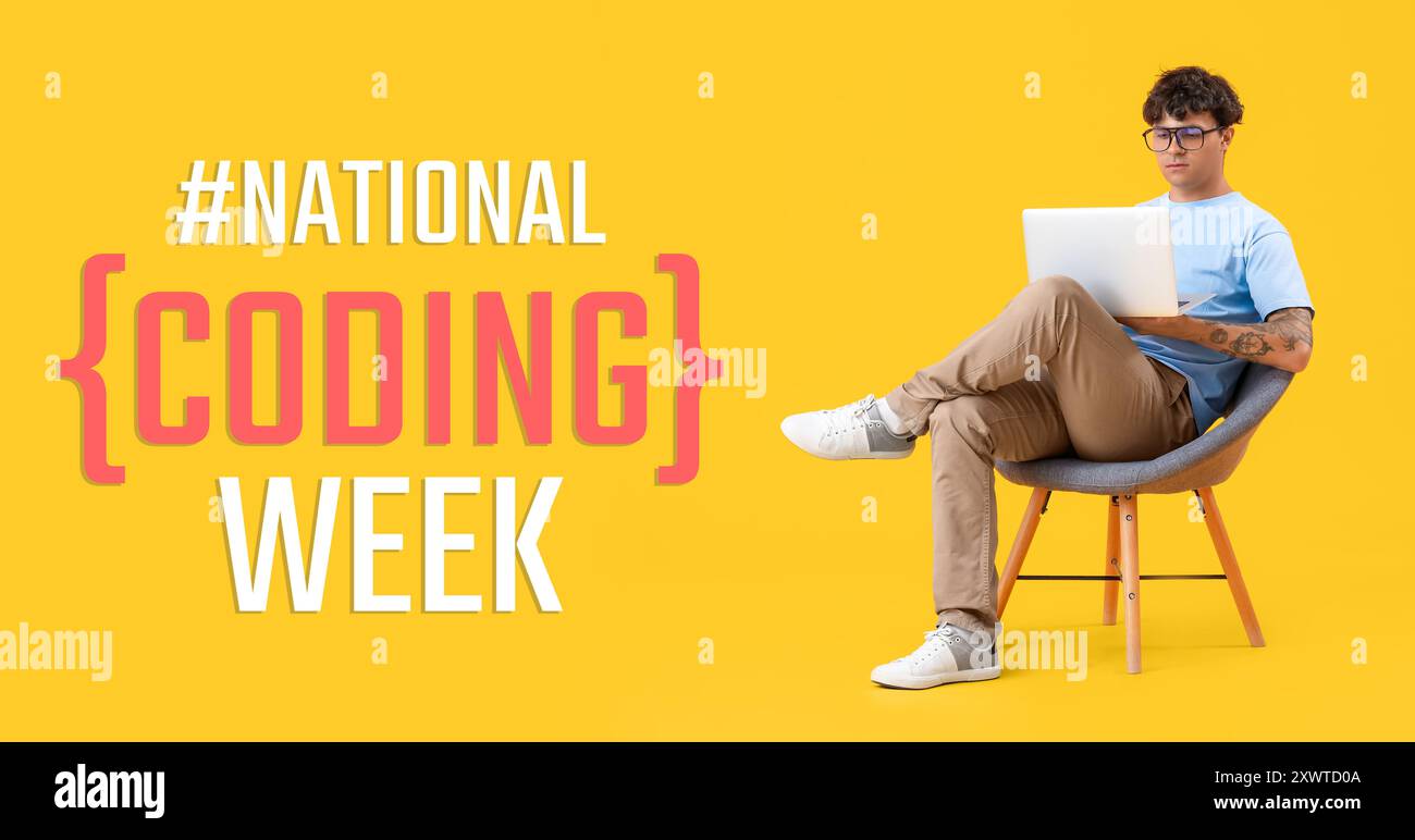 Male programmer with laptop on yellow background. Banner for National Coding Week Stock Photo