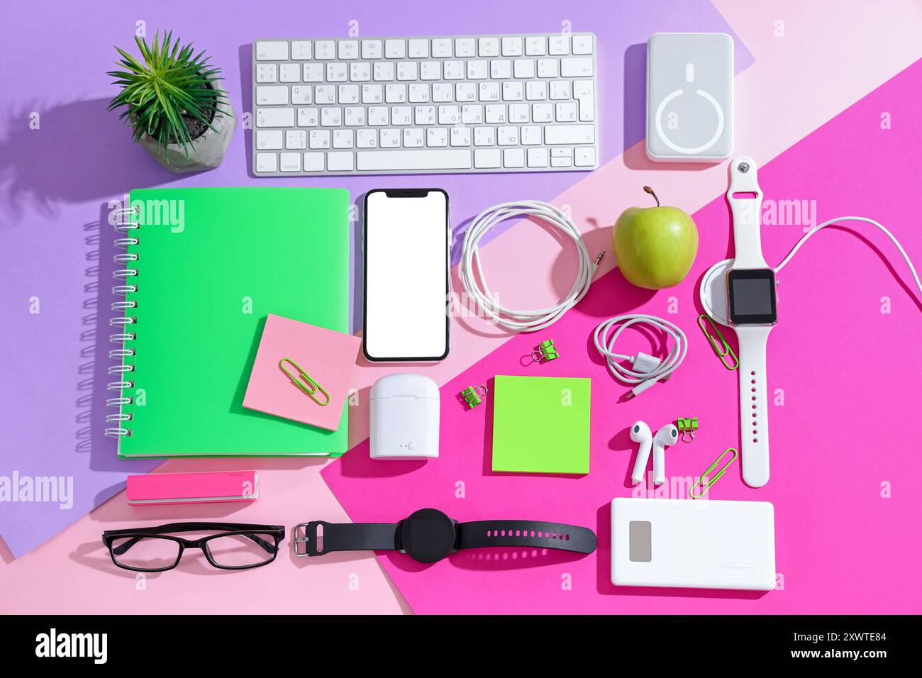 Composition with different modern gadgets and stationery on color background Stock Photo