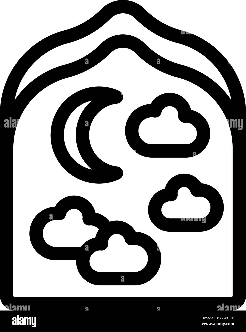 Line icon depicting a night sky with clouds and a crescent moon, framed ...