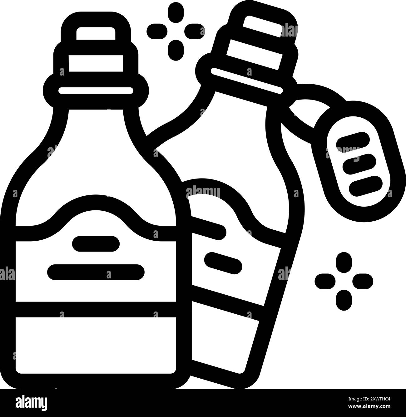 Line icon of two wine bottles, one with a price tag, representing the wine industry and its commercial aspects Stock Vector