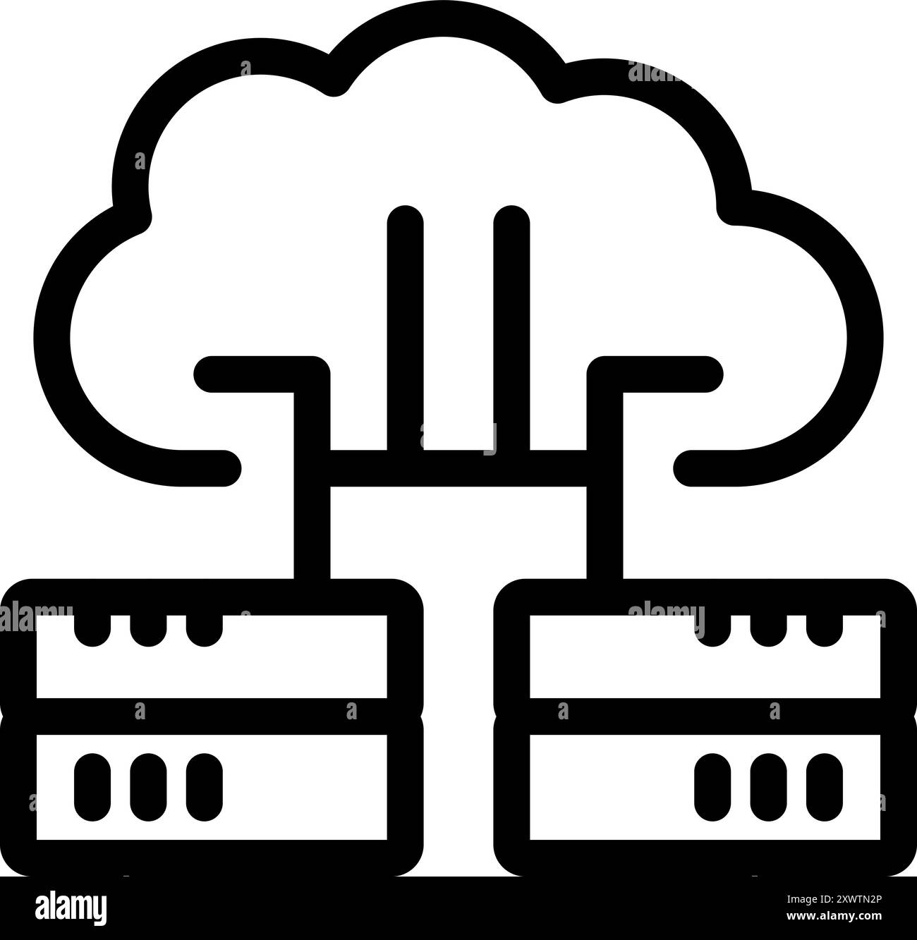 Simple icon representing cloud computing connecting two database servers with data sharing Stock Vector