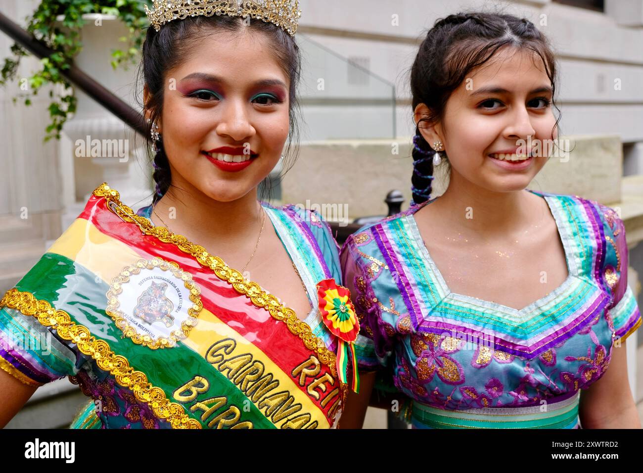 Members of a Bolivian dance group in Whitehall Place after participating in the St.Patricks Day parade in central London. March 17th 2024. Stock Photo