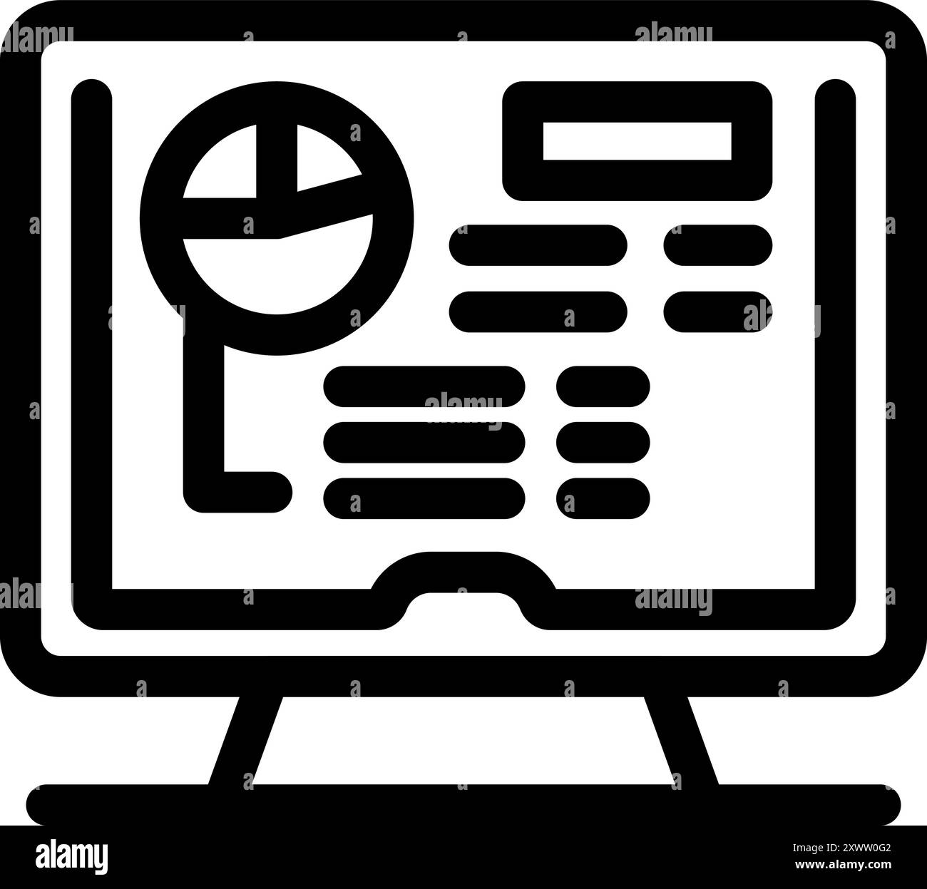 Simple vector icon of a desktop computer displaying a website with charts and data for analysis Stock Vector