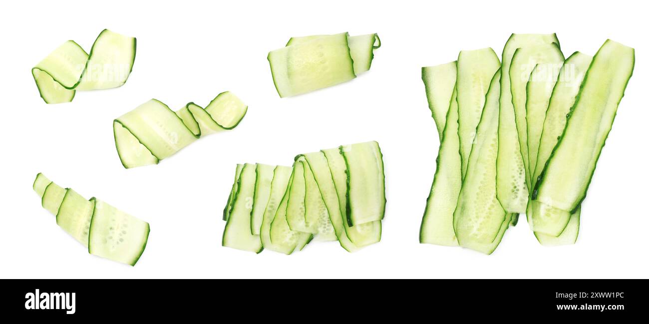 Thinly sliced cucumbers isolated on white, collage Stock Photo