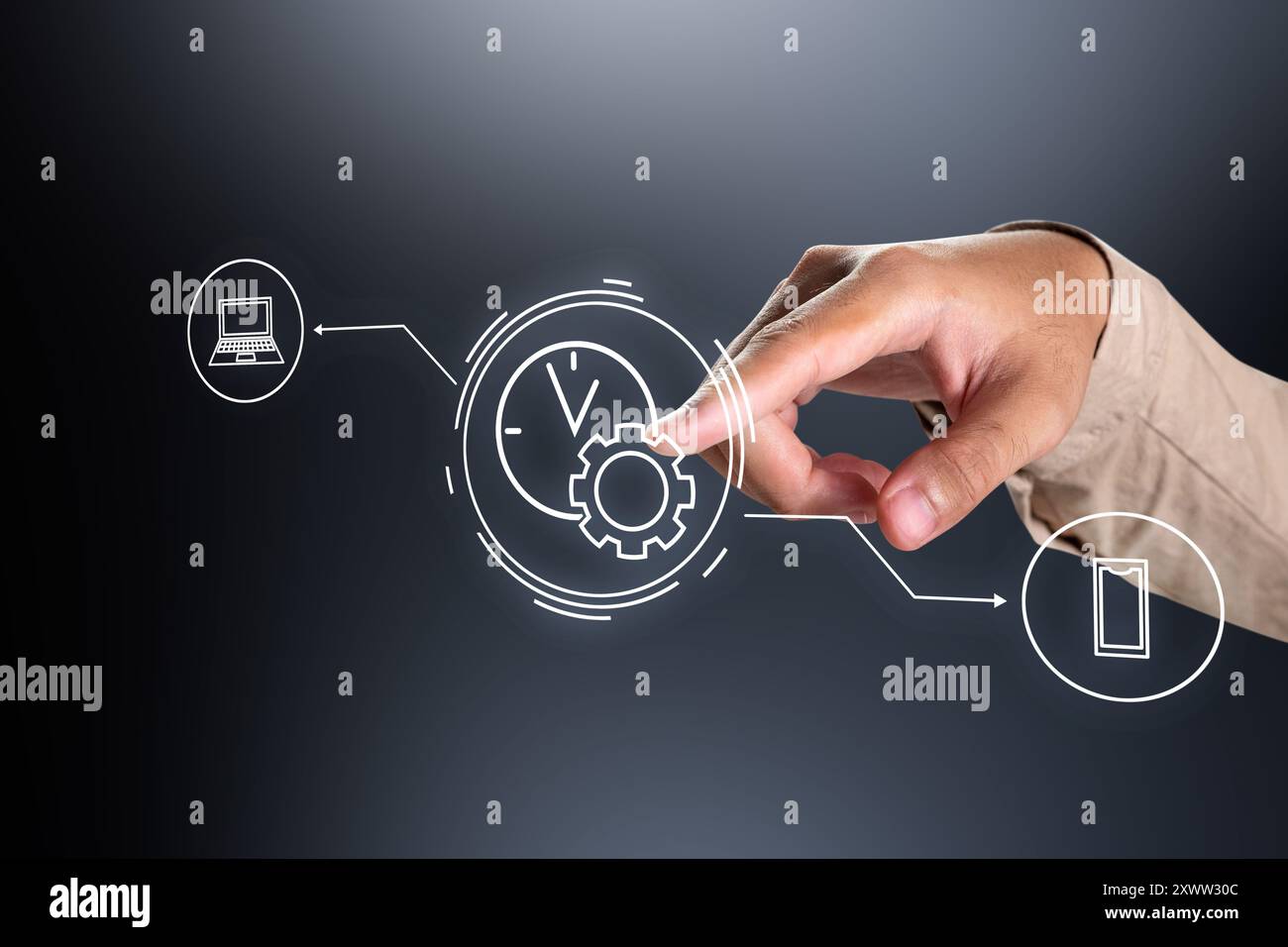 A hand is pressing a button on a screen that has a clock and gears on it. The clock is set to the time of 10:00 Stock Photo