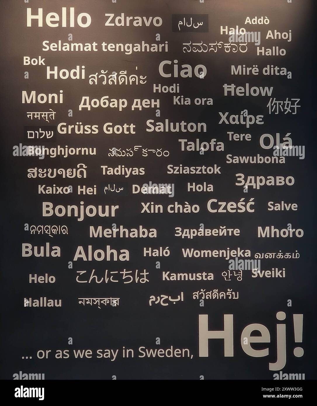 Multilingual Hello Greetings Wall Display with Swedish Accent Stock Photo