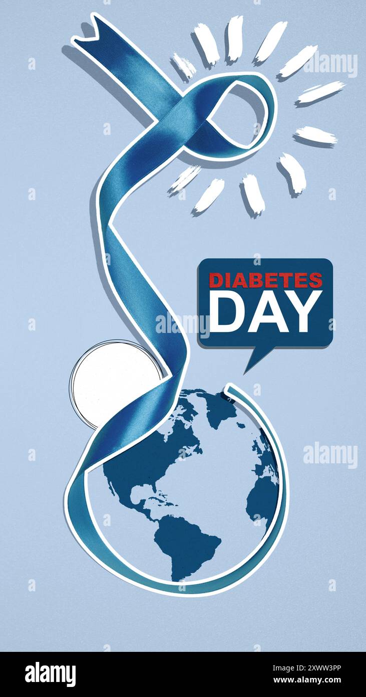 A blue ribbon is wrapped around a globe, symbolizing the importance of awareness and support for a cause. World diabetes day Stock Photo