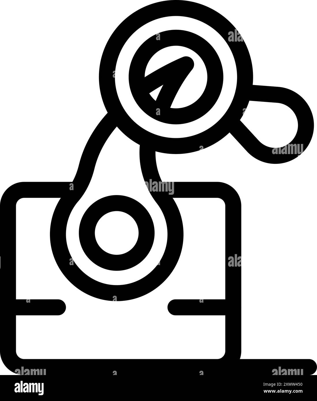 Robotic arm is using a magnifying glass to analyze data from a laptop, symbolizing artificial intelligence and data analysis Stock Vector