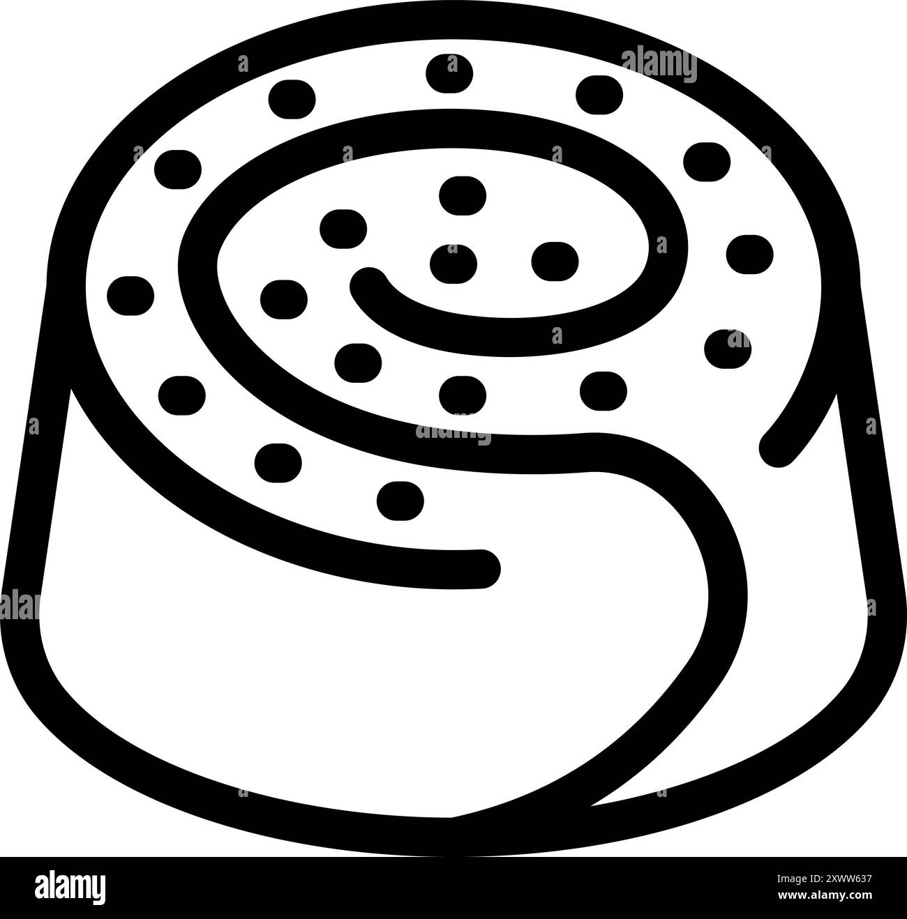 This simple black and white icon features a cinnamon roll with icing on ...