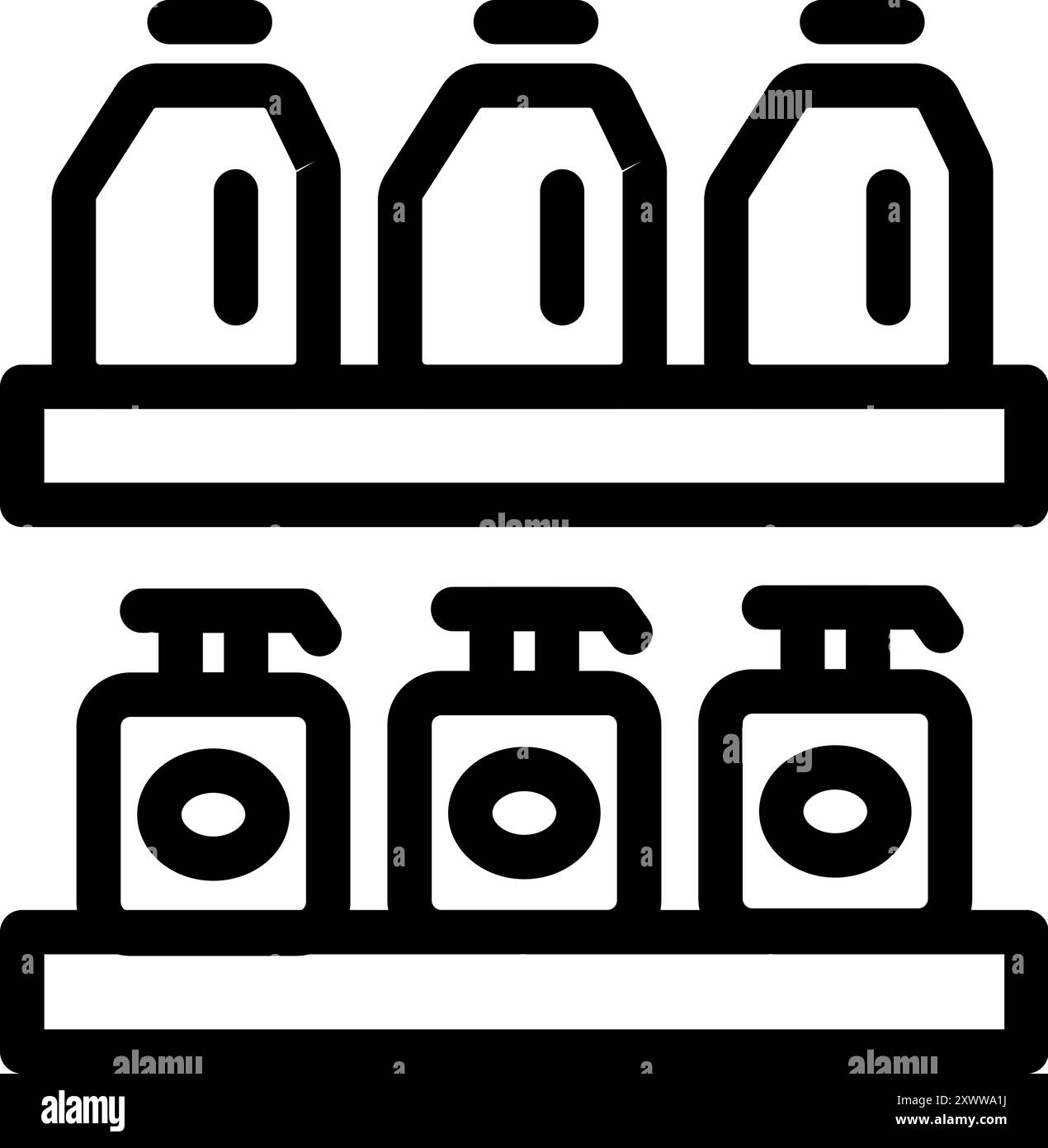 Supermarket shelf fully stocked with different products neatly arranged in rows Stock Vector