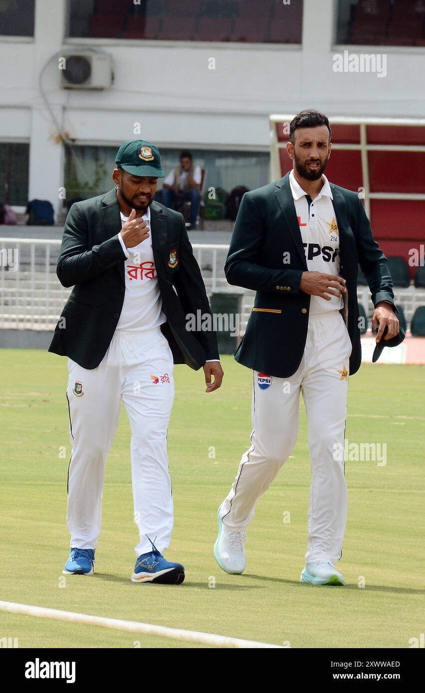 Rawalpindi, Pakistan, Pakistan. 20th Aug, 2024. Bangladesh's captain Najmul Hossain Shanto (L) and his Pakistan's counterpart Shan Masood arrive to attend a trophy ceremony at the Rawalpindi Cricket Stadium in Rawalpindi on August 20, 2024, on the eve of their first Test cricket match. (Photo by Raja Imran Bahadar/Pacific Press) Credit: Pacific Press Media Production Corp./Alamy Live News Stock Photo