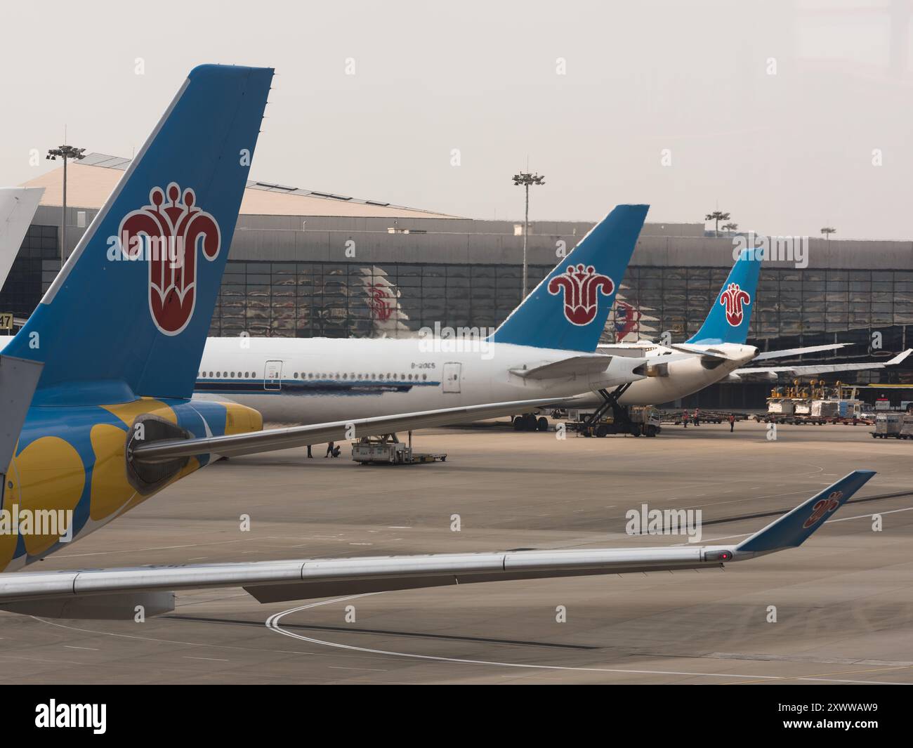 Shanghai, China - August 10, 2024: Three China Southern Airlines passenger planes parked at Shanghai Hongqiao Airport Stock Photo