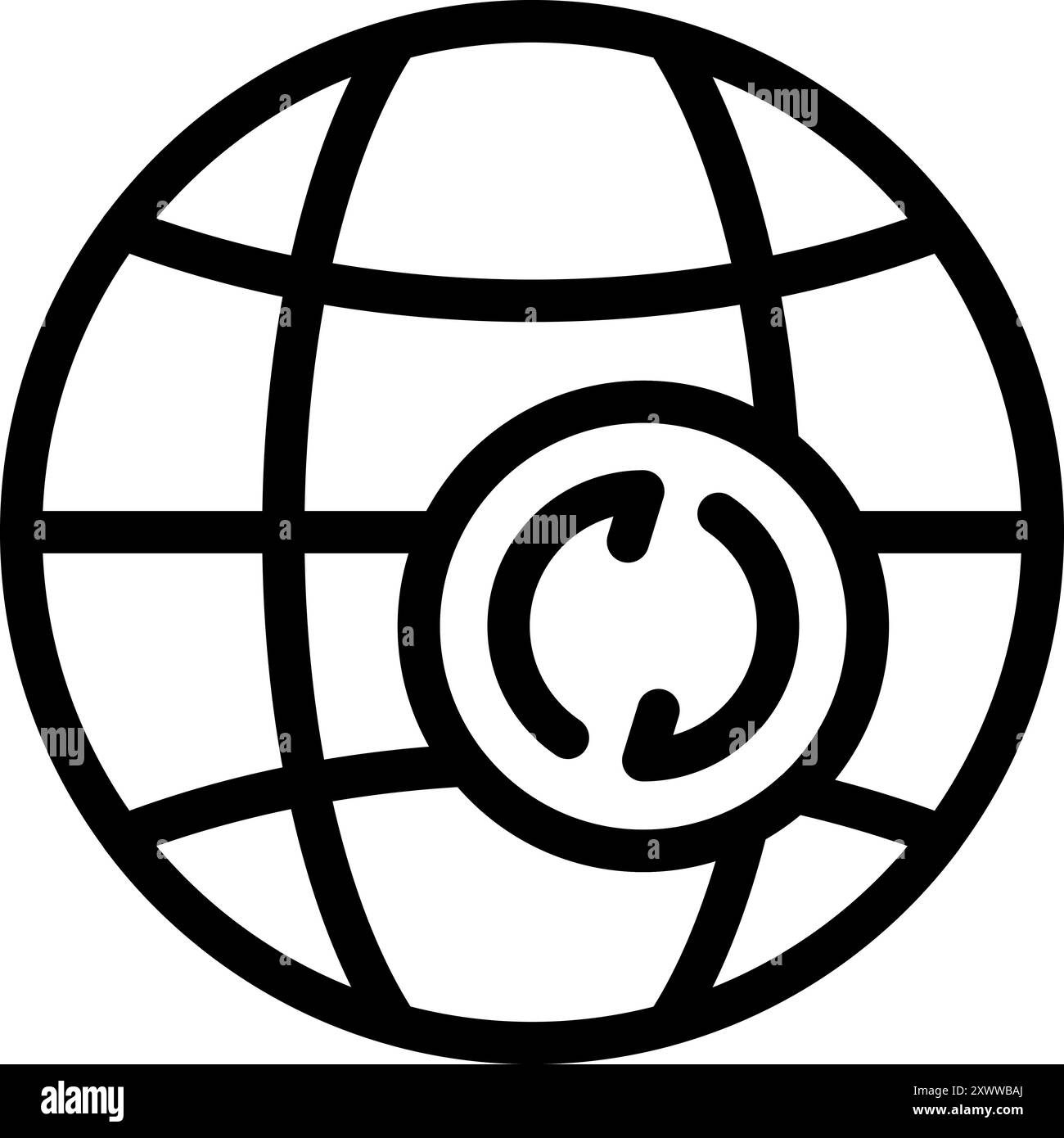 Simple and bold black and white vector line art of a globe with a recycling symbol on it Stock Vector