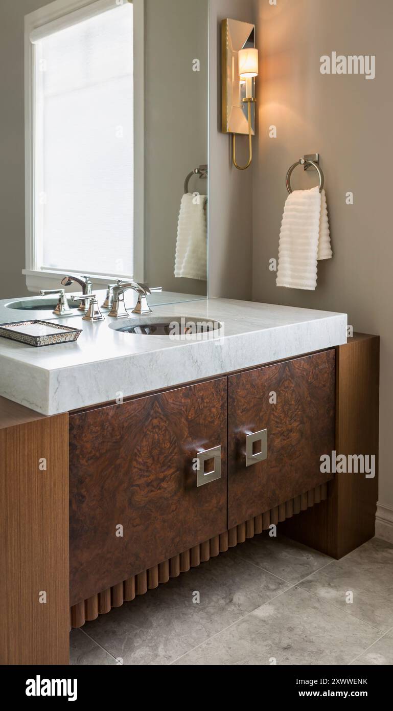 Unique burled wood vanity with art deco style and slab marble ...