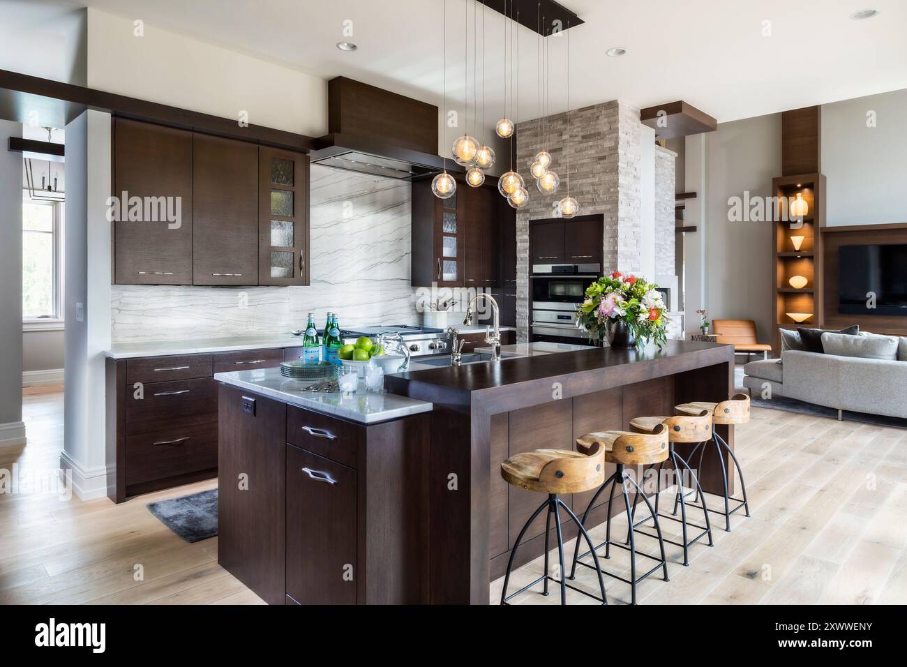 Modern dark wood kitchen with view into living room Stock Photo - Alamy