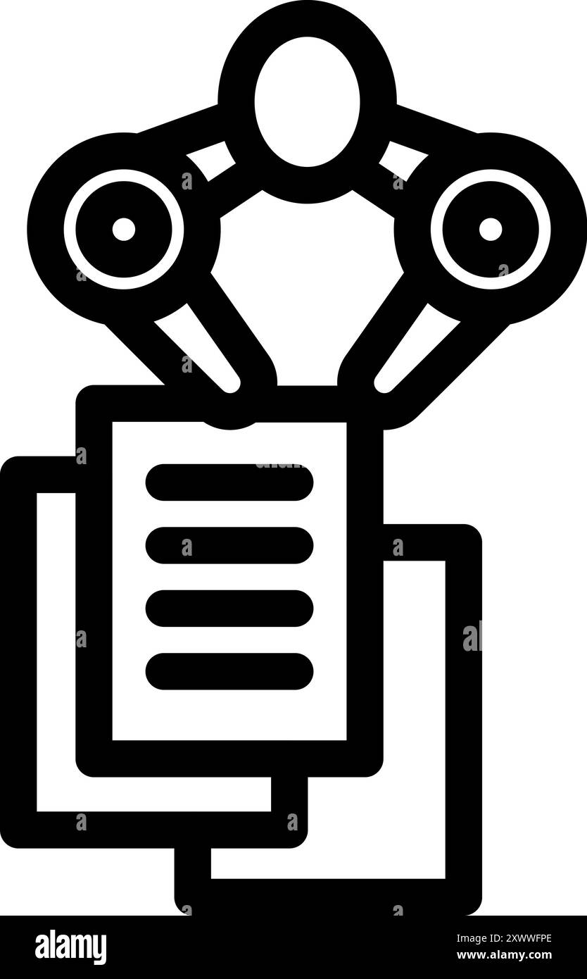 Icon of artificial intelligence using robotic arms to process documents, symbolizing automation and efficiency in data management Stock Vector