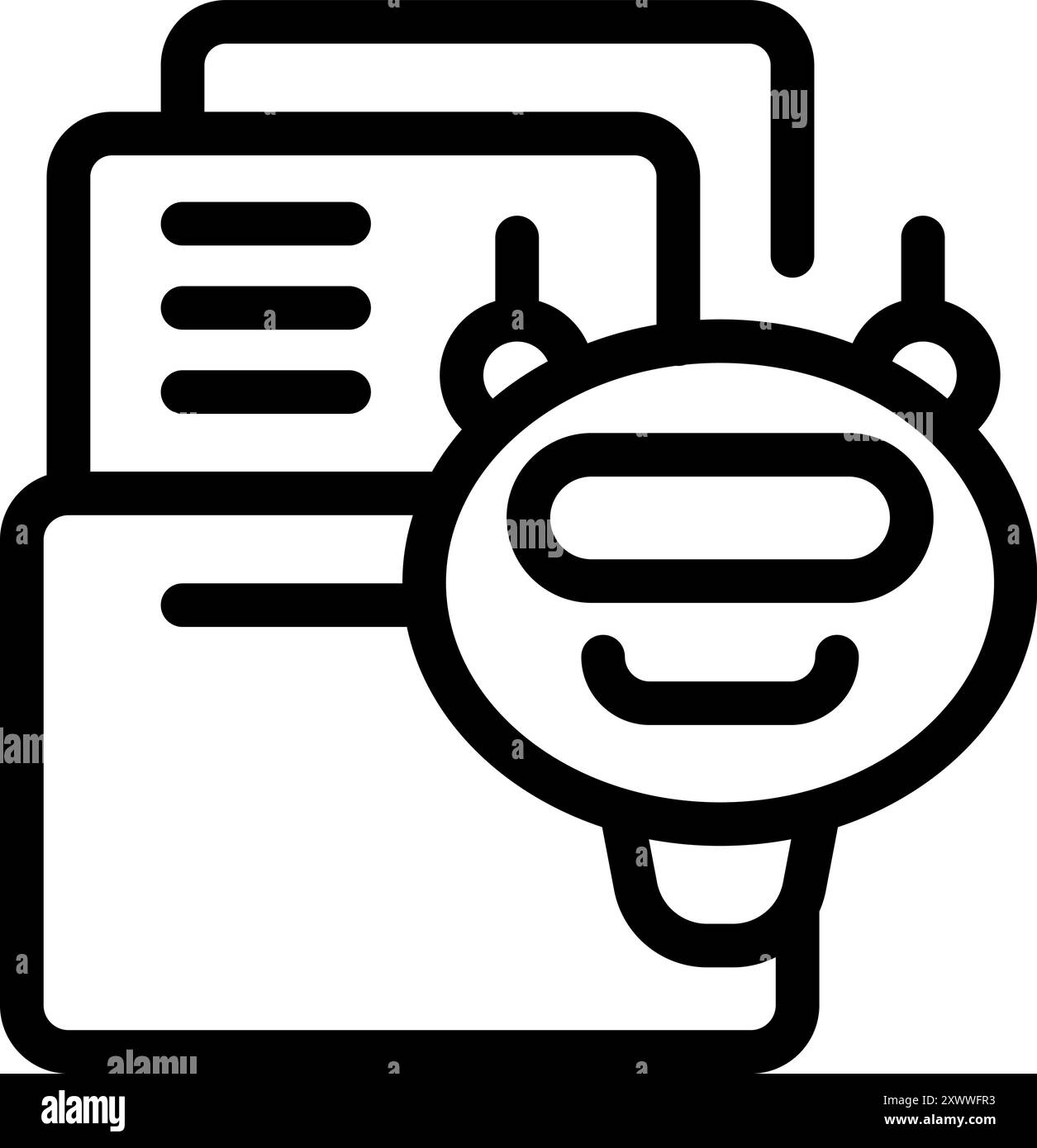 Friendly robot is processing digital documents, representing the concept of artificial intelligence in data management Stock Vector