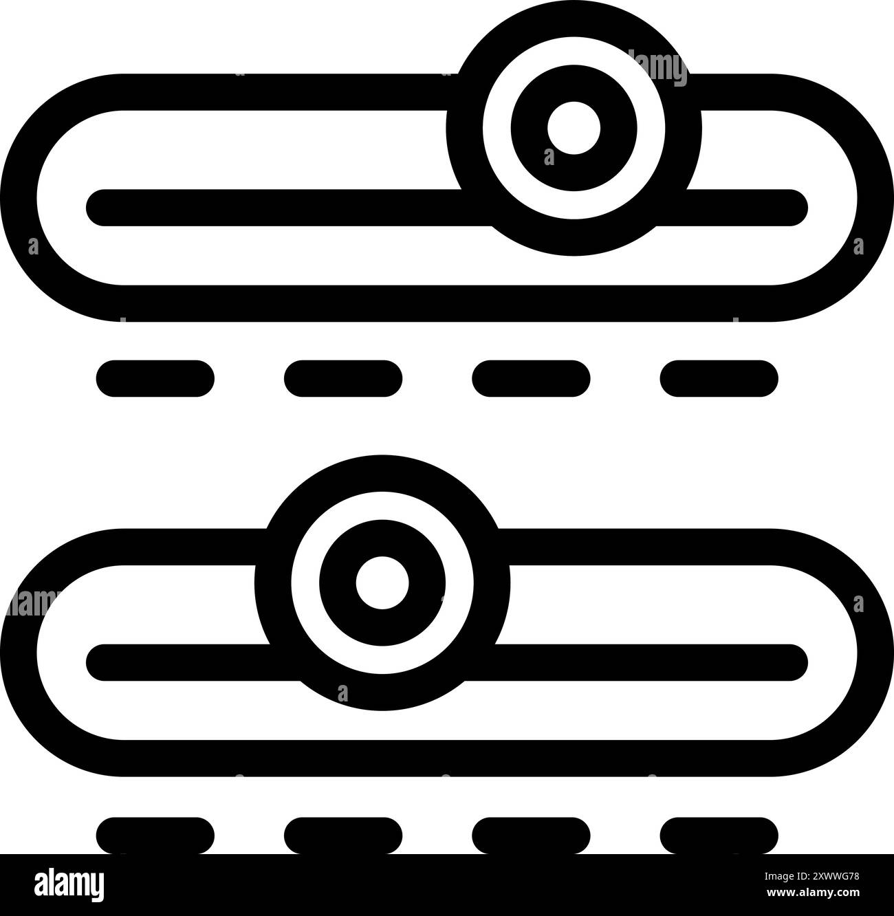 Black and white icon of a conveyor belt system moving round packages ...
