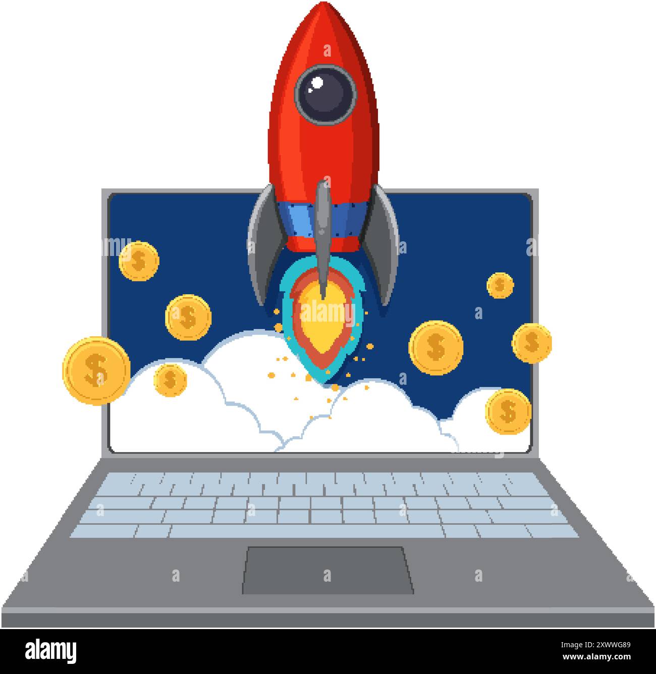 Rocket launching from laptop with coins Stock Vector Image & Art - Alamy