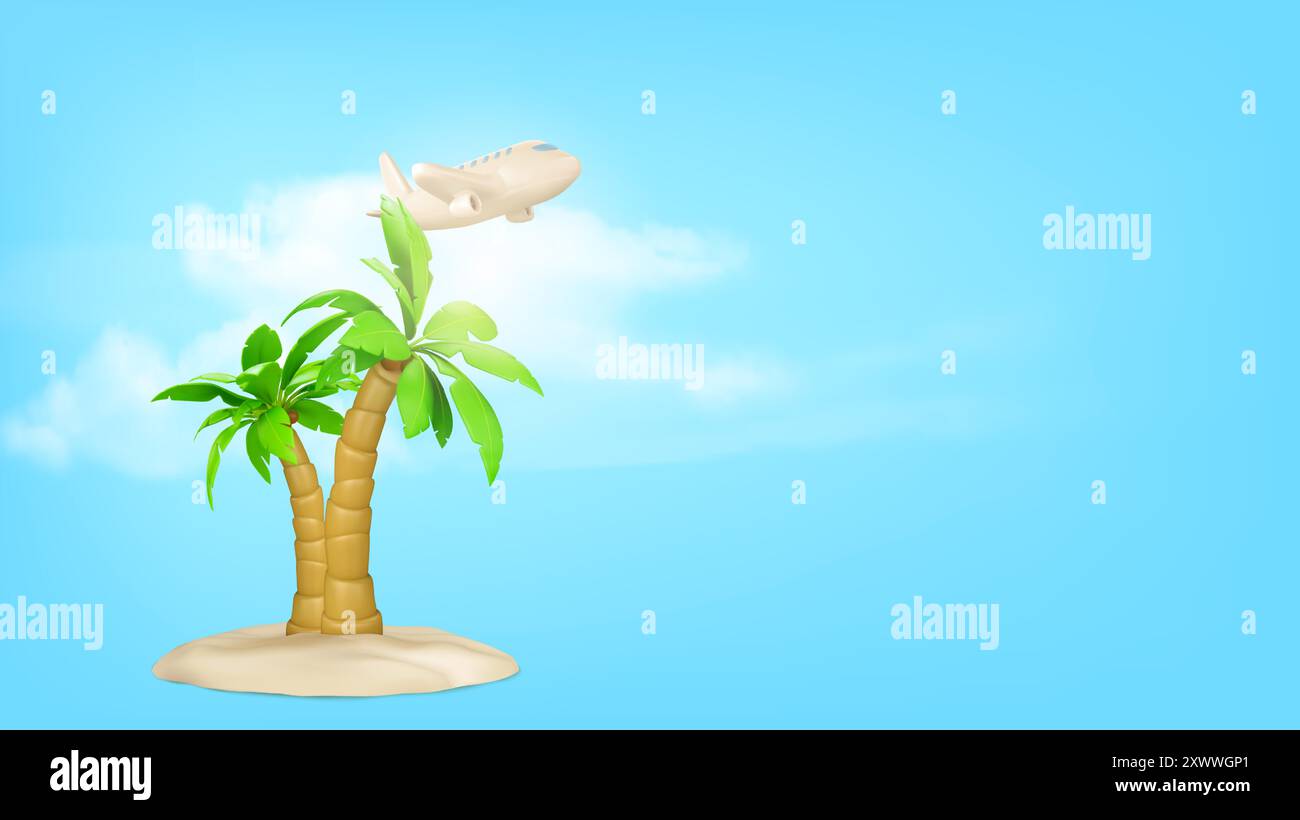 Palm trees with coconuts on abstract sand island, flying airplane in white clouds on blue background with copy space for summer beach vacation and travel design. 3d vector tropical woods with plane. Stock Vector
