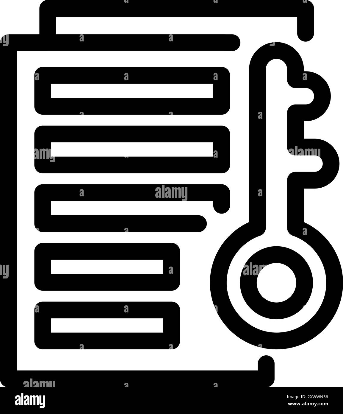 Black icon of a document with text lines and a key representing kpi for ...