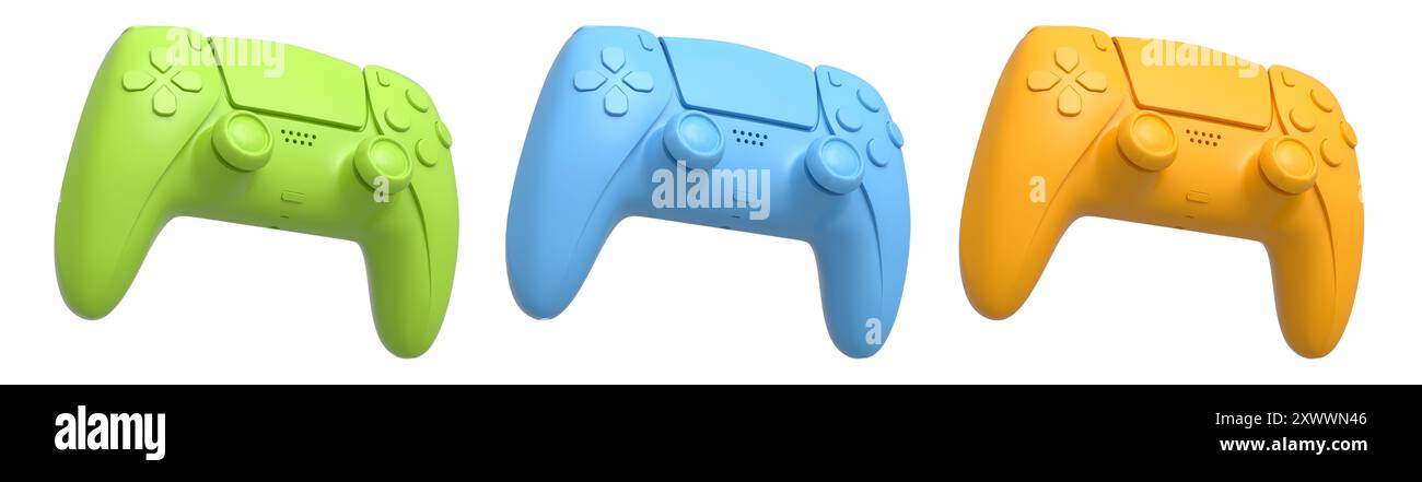 Collection of gaming controllers isolated on white background with ...