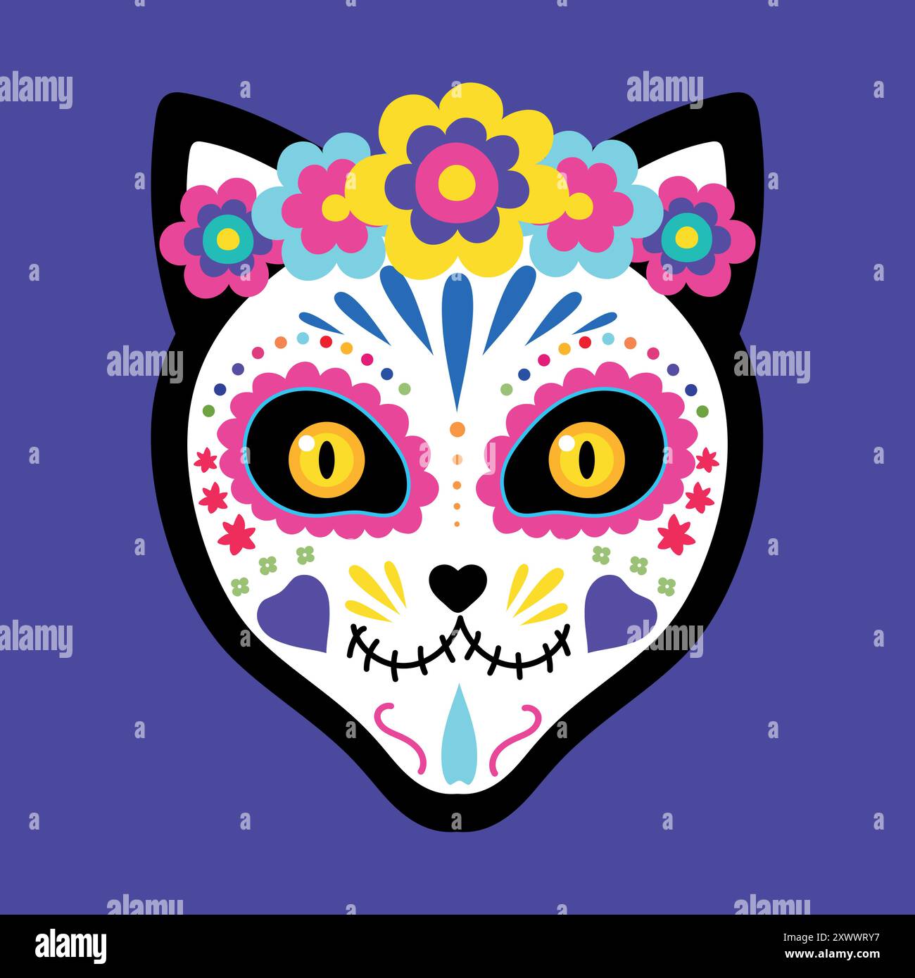 Cat face with a bright makeup of sugar skull and floral wreath. Cat head sugar skull. Day of the Dead. Dia de los Muertos. Vector illustration Stock Vector