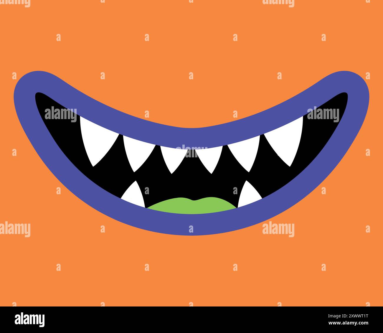 Cartoon smiling monster mouth with fangs. Close up of orange and purple ...