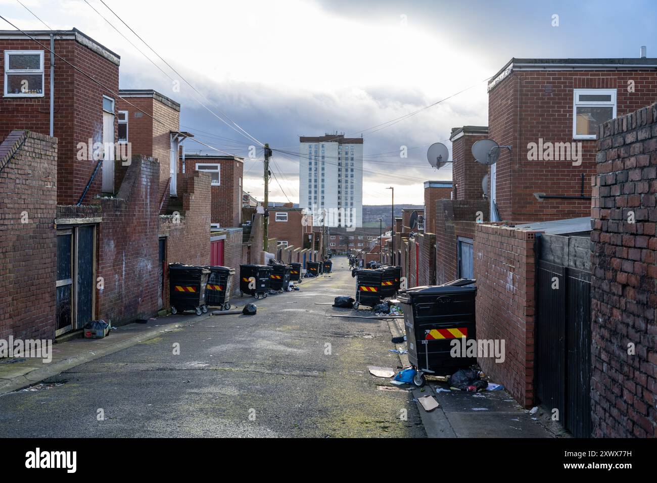 Urban alleyway in Fenham, Newcastle upon Tyne depicted with red-brick residential buildings, trash containers, and scattered garbage. The image showcases a typical neglected backstreet in an urban setting, capturing the atmosphere of the neighborhood. Stock Photo